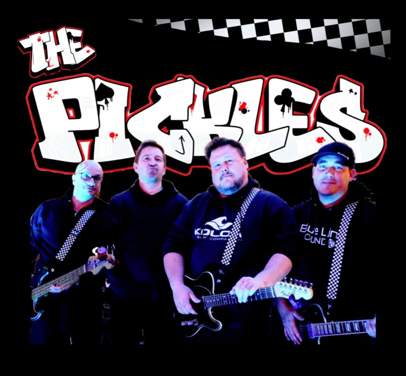 The Pickles (band) with logo behind them.